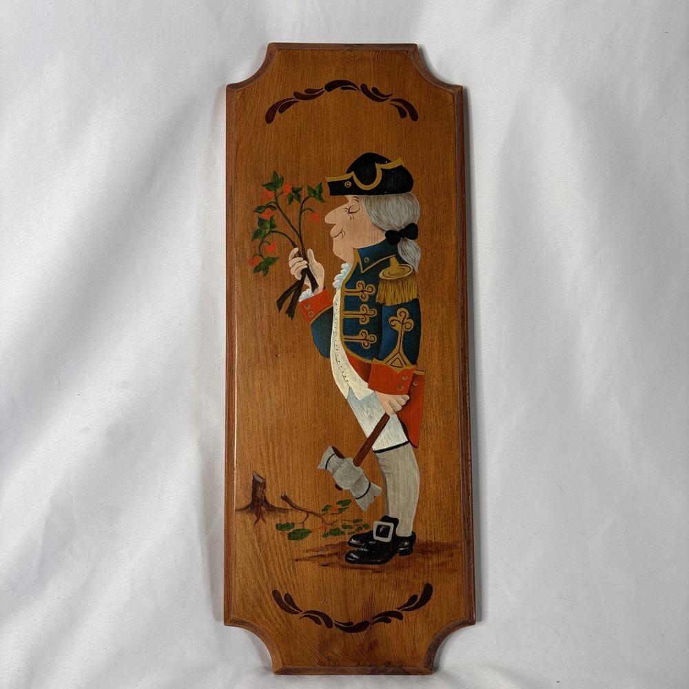 Vtg Handpainted George Washington Cherry Tree Wood Wall Plaque Americana Folkart